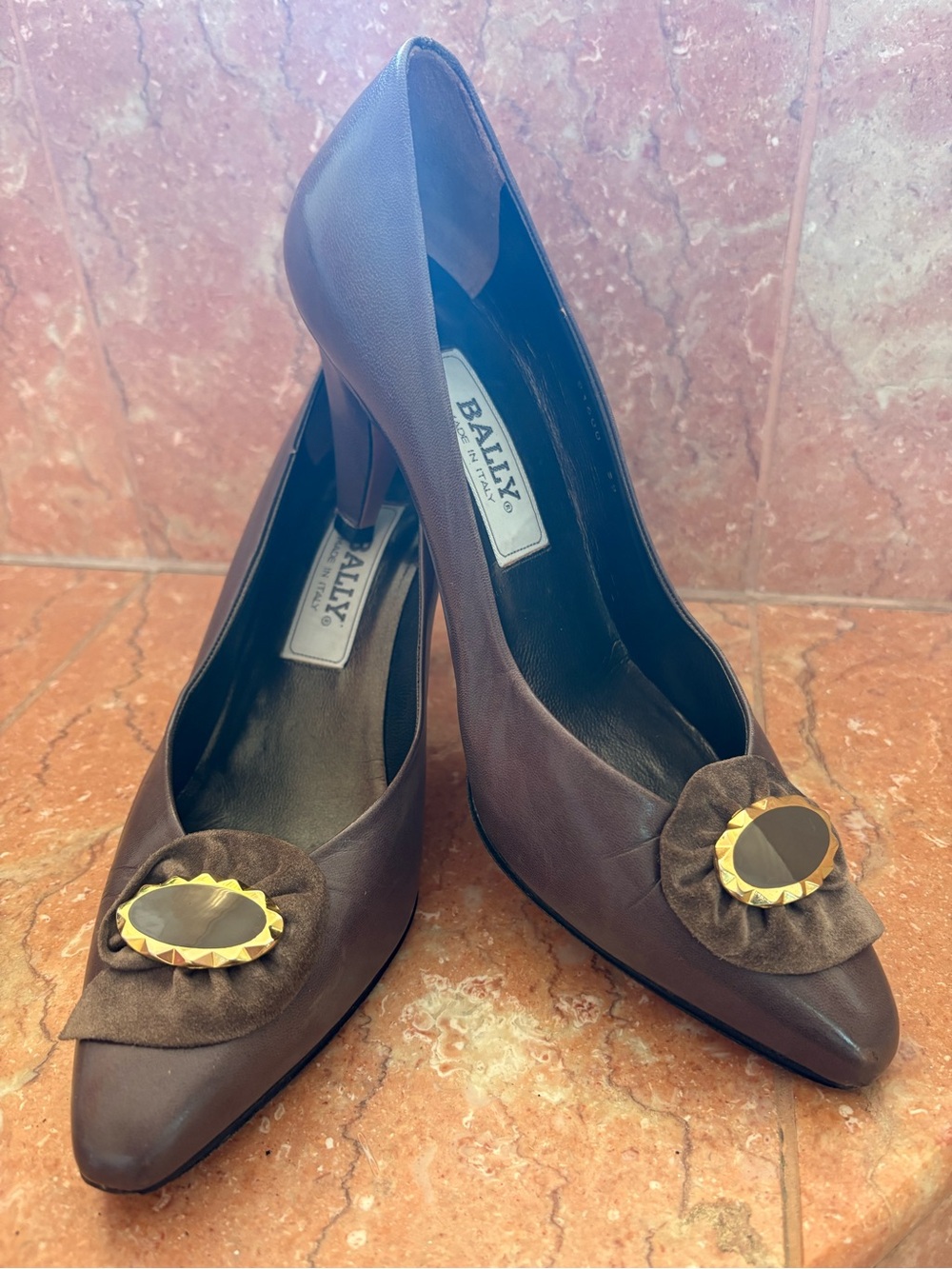Bally Brown Pointed-Toe Leather Heels with Gold Accent
